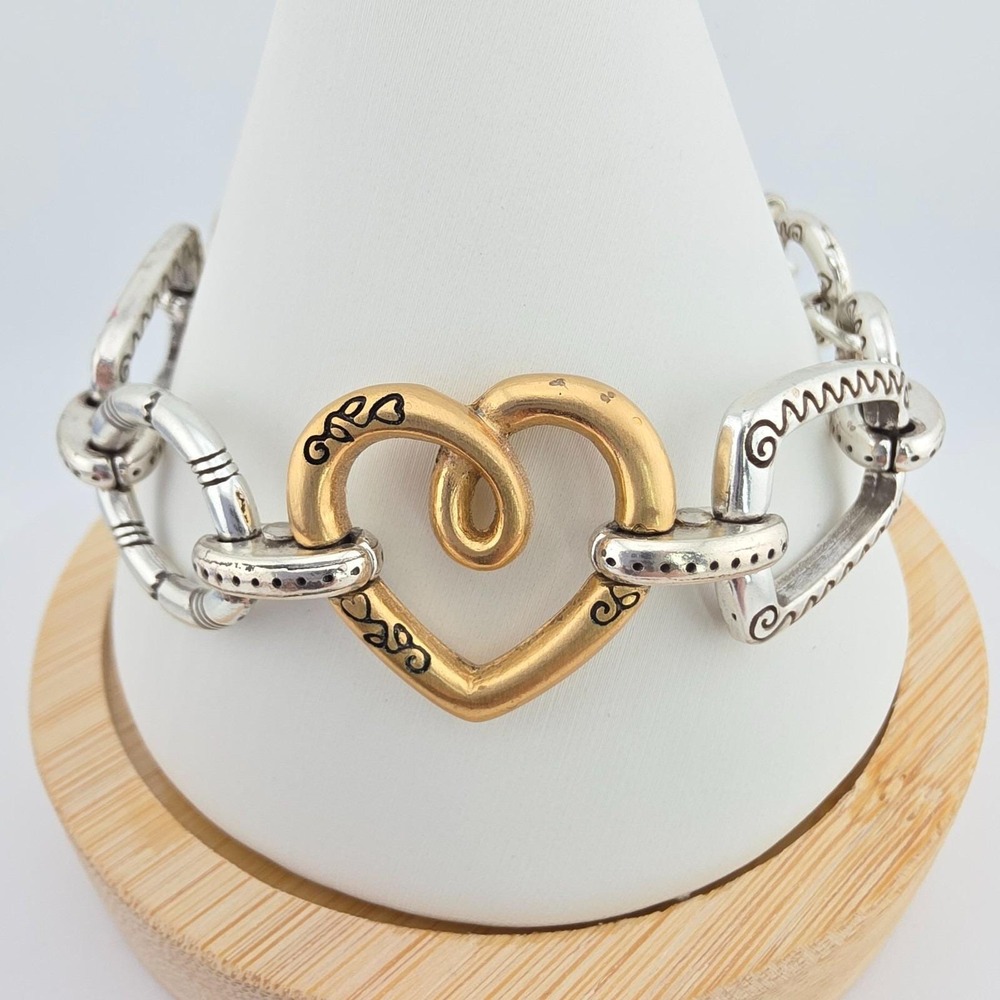 BRIGHTON 'Fresco' Chunky Link Bracelet Heart Scrollwork Silver Gold Plate 7.5"